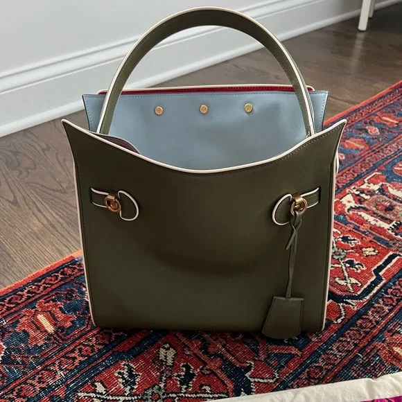 Lee Radziwill for Tory Burch Double Bag in olive green leather w white piping - Picture 4 of 4